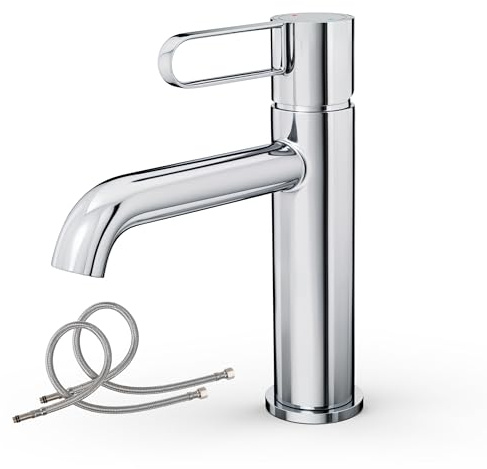 Alphabath Bad Wasserhahn Waschtischarmatur Messinggehäuse Waschbecken mit Keramikkartusche Einhebelmischer Chrom Badarmatur für Badezimmer mit Ungiftiger EPDM-Innenschlauch
