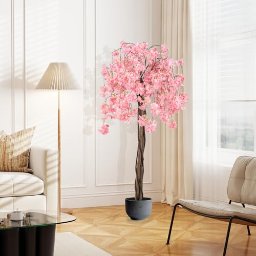 GIANTEX Albero di Ciliegio Artificiale 163 cm, Pianta Decorativa Finta con Fiori Rosa/Bianchi, Tronco in Legno Reale, Vaso Riempito di Cemento, Albero Realistico per Decorazione Casa, Ufficio (Rosa)