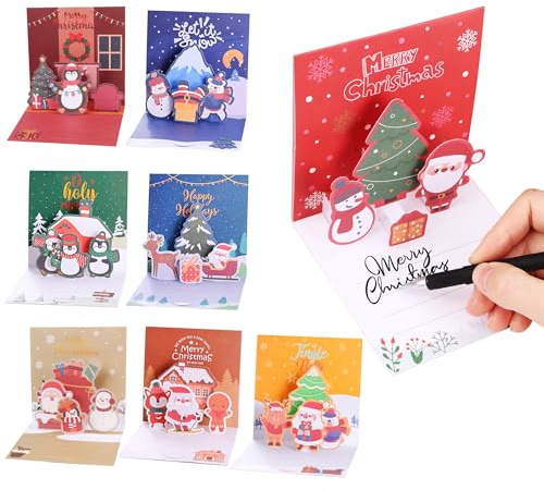 JSMTKJ Weihnachtskarten, 8 Stück 3d Weihnachtskarten mit Umschlag Set | Karte 3D pop up Grußkarte mit unterschiedlichen Pop Up Motiven für Freunde Familie