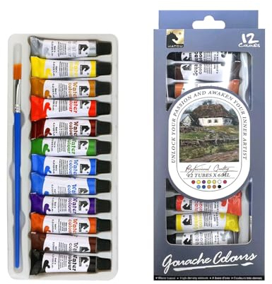 Canollo Gouache Farben Set, 12 Farben x 6 ml mit 1 Pinseln, Tempera Farben, Schnell Trocknend, Exzellente Deckkraft, mit Wasser vermalbar, geeignet für zahlreiche Maltechniken, Anfänger und Profis