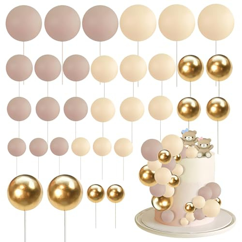 Kozdtiz 32 Stück Tortendeko Kugeln Cake Topper, Mini Ballons Tortenaufleger, DIY Mini Ballon Cupcake Einsatz, Kuchen Dekoration Kugel für Hochzeit Party Babyparty Beige Hellbraun Gold