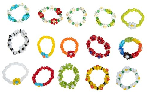 SOLUSTRE 15 Stück Blumen Perlenringe aus Robustem Kunststoff Elastische Fingerringe für Teenager Mädchen Modischer Ästhetischer Ringschmuck für Damen Zufällige Farbe