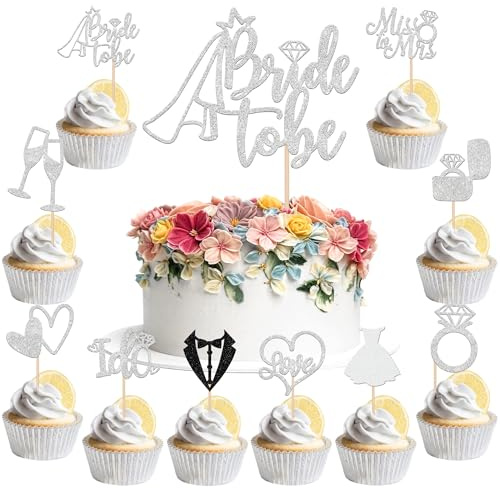 21 Stück Bride to Be Tortendeko Glitzer Hochzeit Cupcake Toppers Liebe Herz Diamant Ring Cake Topper Braut und Bräutigam Kuchen Deko für Verlobung Hochzeiten Thema Party Kuchen Dekorationen Silber