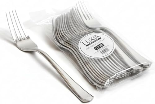 Playlearn Luxia Reusable Silver Plastic Cutlery Fork, 20pcs Bulk Pack Durable Elegant Cutlery, 18.5cm Heavy Duty Dinnerware for Weddings, Catered Events