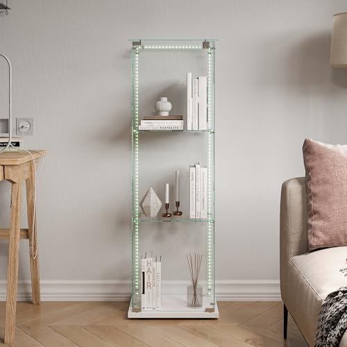 LieABak glasvitrinskåp med LED, stående glasvitrinskåp med 1 dörr och 3 våningar, vitrinskåp, glasskåp, samlarvitrin för vardagsrum, kontor (vit – 1 dörr, med LED-remsor)