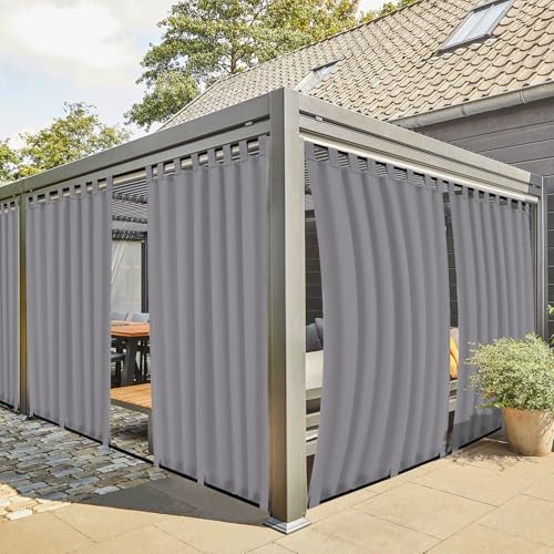2 Stücke Outdoor Vorhang Wetterfest mit Klett-Schlaufen, Outdoorvorhänge Balkon Vorhang Terrasse Vorhänge Gardinen Sonnenschutz & Sichtschutz Vorhänge mit Schlaufen Unten, H220 x B155 cm, Grau