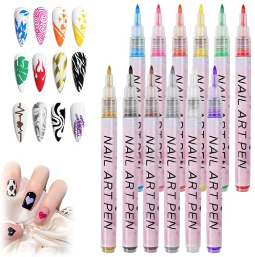 Fine Tip Nail Art Marker Pens, 12 Colours, 0.7 mm Point, 12-Pen Set | Capped Drawing Tools, Creates Controlled Lines, Outlines, Hearts, Swirls And Abstract Patterns, For At-Home Manicures