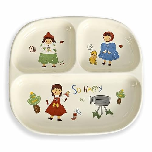 Hoshisea Platos Con Compartimento,Plato Ceramica Infantil,Material Cerámico,Apto para Microondas y Lavavajillas, para Comidas Divididas, Fiestas, Refrigerios, Postres, Camping Bandejas(Crema)