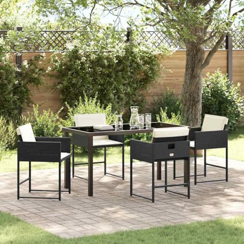 LoogCape Garten Essgruppe 5-teilig Schwarz Poly-Rattan, modernes Outdoor Essset mit Glastisch, langlebige Terrassenmöbel für Balkon und Garten, pflegeleichtes Design