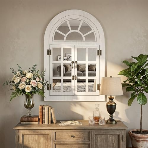 Fahomiss Windowpane Wall Mirror, Arched Wooden Frame, Hinged Folding Design, Decorative Mirror for Living Room Bedroom Entryway