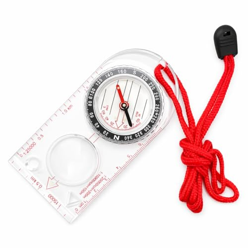 Waterproof Sighting Compass – Adjustable declination compass navigation tool with magnifier and mirror – Multifunction survival equipment for hiking, trekking, camping and map reading with lanyard
