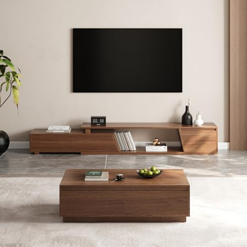 Homary Table Basse Salon Bois Noyer Rectangulaire Mid Century 120 cm, 4 Tiroirs avec Grand Rangement, Table Basse Bois Design Élégant pour Salon Moderne (Noyer - Set)