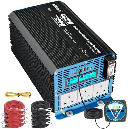 Giandel 4000W Pure sine Inverter DC 12V to AC 240V 7900w surger peak 2s | For motorhome,campervan,coffee machine,oven, LCD Display, 3* Outlets 3 pin Uk plug,30FT Remote Fast charging USB