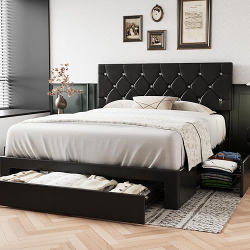 VECELO Double Bed Frame with Storage, Black PU Leather Upholstered Bed with Adjustable Diamond Tufted Headboard, 3 Storage Drawers, Modern Platform Bed, Noise Free, No Box Spring Needed