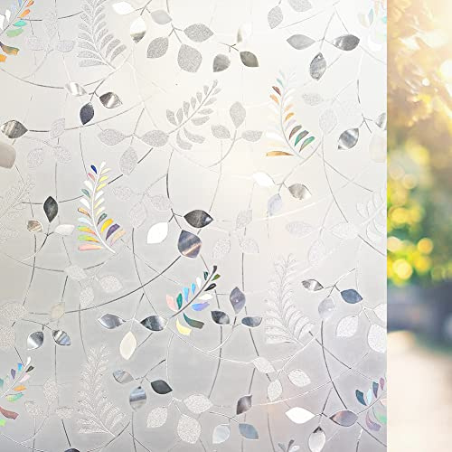 LEMON CLOUD Window Privacy Film Stained Static Cling Glass Film 3D Decorative Colorful Glass Window Sticker, Privacy Frosted Covering for Home Sliding Door(17.5 x 78.7 Inch, Rainbow Leaf)
