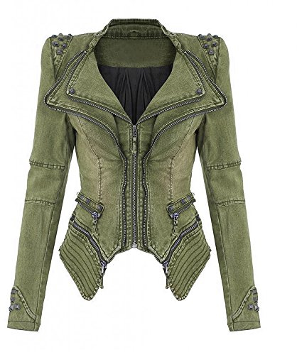 BAINASIQI Damen Vintage Nieten Jeansjacke Spike Punk Bikerjacke Reißverschluss Denim Übergangsjacke Blazer Mäntel (2XL, Grün)