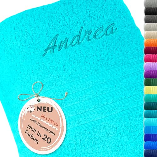 Lashuma Saunatuch mit Namen Bestickt 85x200 cm, London Badehandtuch personalisiert Türkis – Lagunen