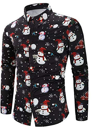 FRAUIT Weihnachten Schokoladenfarbe Herren Hemd Männer Button Schneemann Drucken Shirt Slim Fit Hemden Basic Regular Fit Shirt Stretch Schwarz Festlich Kleidung