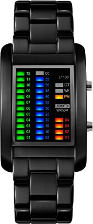 FeiWen Fashion Elegant Unisex Binary Digital Uhren Mehrfarbig LED Licht 50M Wasserdicht Einzigartig Rechteck Edelstahl Armbanduhren Kalender Lässig Stil, Schwarz