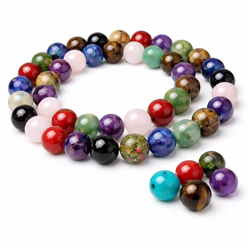 Perlin Edelstein Perlen 6 mm Rund Naturstein Schmuckperlen Mix 60 Stück Quarz Aventurin Amethyst Jade Jaspis Bastelperlen Set für Armband Halskette Schmuckherstellung DIY