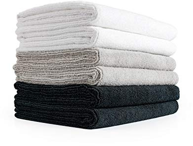 The Rag Company - Spa & Yoga Towel - Gym, Exercise, Fitness, Sport, Ultra Soft, Super Absorbent, Fast Drying Premium Microfiber, 320gsm, 16in x 27in, White + Ice Grey + Black (6-Pack)