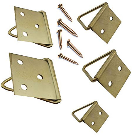 RIKAMA – Goldenes Bilderklappösen Set inklusive Nägel zur Aufhängung von Bildern, Fotos, Leinwänden und Rahmen – 100 Bilderhaken in den Größen 20x10mm, 24x12mm, 28x14mm, 32x16mm und 40x20mm