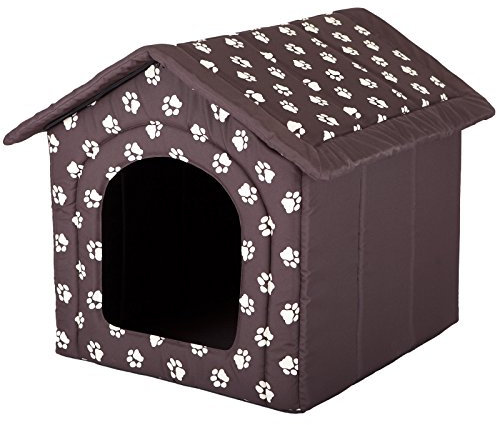 millybo Hundehöhle Hundebett Hundehaus Hundehütte R1-R6 (R5 (70 x 60 cm), braun mit Muster (Pfötchen))