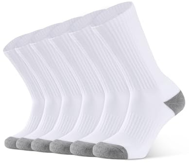 CLOSEMATE 6 Pairs Men's Cushion Crew Calf Socks Wicking Athletic Cotton Socks for Sport Training Work (6White, 10-13(L))