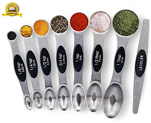 Measuring Spoons with Strong Magnets, Set of 8 Stainless Steel Measuring Spoons with Leveler, Double-Ended Metal Teaspoon and Tablespoon for Dry and Liquid Ingredients (Black)