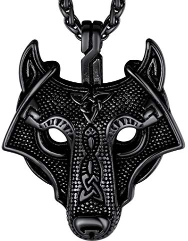 Richsteel Collar Cabeza de Lobo Vikingo con Nudos Celta de Acero Negro para Hombres Mujeres