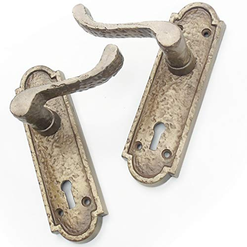 Jones & Grey Pair of Antique Brass Finish Cast Iron Hammered Scroll Lever Lock Door Handles on Back Plate