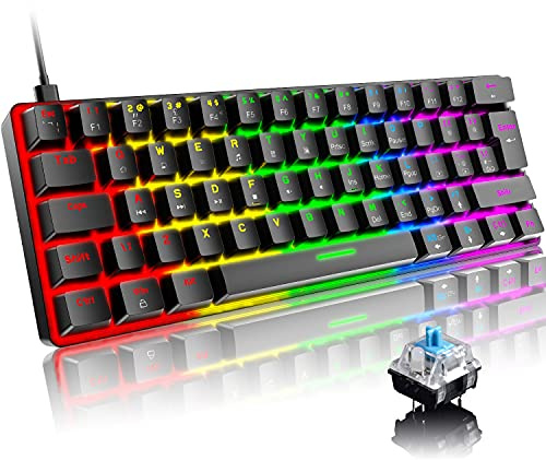 Mini 60% Teclado Mecánico para Juegos,Compacto 62 Teclas,Cable USB-C Desmontable,18 Chroma Retroiluminación RGB,QWERTY Layout,Interruptor Azul, Anti-Fantasma para Computadora/PC/Laptop/Mac-Negro