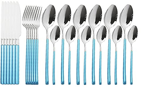Couverts de table,24 pièces Ensemble de couverts en acier inoxydable Ensembles de vaisselle de polissage de miroir Utilisation polyvalente pour la maison et la cuisine-bleu et argent