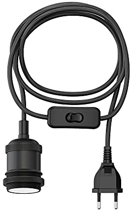 ledscom.de Textilkabel RETRA, Stecker, Schalter, schwarz matt, 3 m, Lampen-Fassung, 1x E27 max. 60W