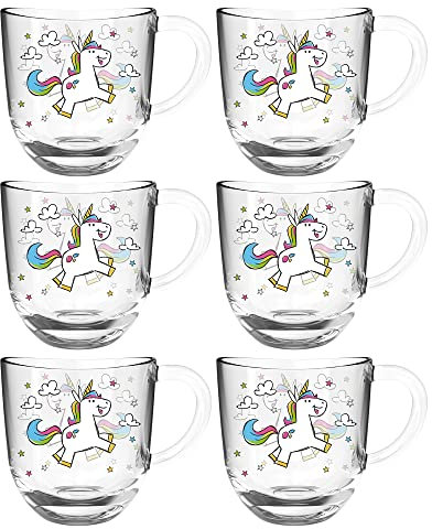 Leonardo Bambini Glas-Tassen 6er Set, Kinder-Becher aus Glas mit Tier-Motiv, spülmaschinengeeignete Tee-Tassen, Einhorn bunt, 6 Stück, 280 ml, 022902