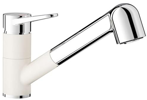 BLANCO WEGA-S II | Küchenarmatur in silgranitweiß/chrom | Hochdruck | Mit herausziehbarem Schlauch | Rückflussverhinderer | Keramik Kartusche | Wasserqualität & wassersparend | [4,8x25,2x18,5 cm]