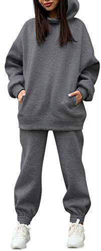 Viottiset Damen Hoodies Trainingsanzug Langarm Sweatshirts Hose 2-Teilige Outfits Lässiger Sweatsuit Kapuze Dunkelgrau L