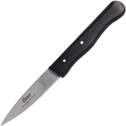 Clauss Küchenmesser aus Solingen, Gemüsemesser klein mit ergonomischem Holzgriff aus Buche in schwarz und doppelten Nietstiften, scharfe mittelspitze Klinge, 18 cm, CL-20008