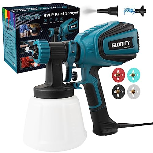 GLORITY Pistolet a Peinture, 700W HVLP avec raccords de Nettoyage et de soufflage, 4 Buses en cuivre et 3 Motifs, réservoir de 1200 ML, pour l'intérieur et l'extérieur, PS80A