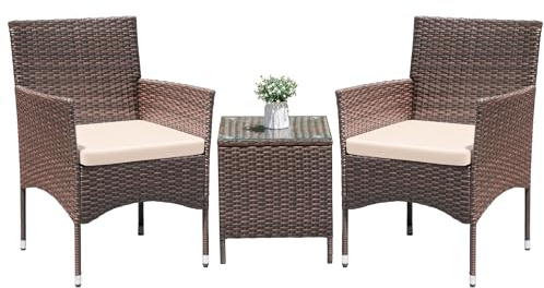 Greesum 3 Pieces Patio Dining PE Rattan Wicker Chair Furniture Set with Cushion and Glass Coffee Table for Outdoor Garden Backyard Poolside, Brown and Beige
