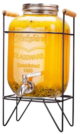 Tfwadmx 1 Gallon Drink Dispenser Glass Beverage Dispenser With Stand Leak Proof Stainless Steel Faucet Wide Mouth Mason Jar Style Glass Drink Dispenser for Parties, Weddings, Lemonade, Cold Water