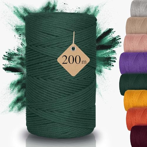 Nachhaltiges Makramee Garn 3mm x 200m – Häkelgarn für Taschen (grün) | DIY Flechtkordel für Untersetzer, kleine Körbe etc, 100% Recycelt & Hochwertig