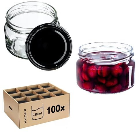 KADAX Lot de 100 pots à confiture de 250 ml avec couvercle à vis Ø 82 mm en noir – étanches, compatibles lave-vaisselle, idéaux pour confiture, chutneys, légumes marinés, viande, pâtés et aliments