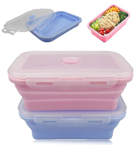 YZDZSW Faltbare Frischhalteboxen, 2 Stück Faltbare Frischhaltedosen, 800 ML Faltbare Lunchbox Silikon Zusammenklappbaren Container für Camping Picknick Büro Küche(Blau+Rosa)
