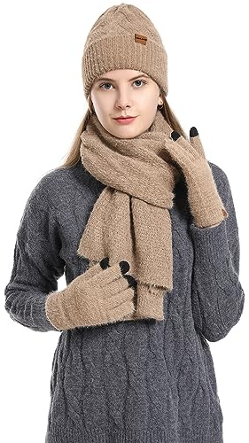 CAMLAKEE Wintermütze Schal Handschuhe Set Damen Strickmütze Handschuh Nackenwärmer Frauen Strickset