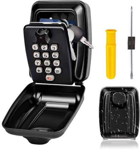 Vizgifin Key Safe Wall Mounted Police Approved,Key Lock Box Outdoor,Large Key Lock Box with Resettable 12-Digit Code Key Safe Box with Weatherproof Cover for Outside Home Garage Office School (Black)