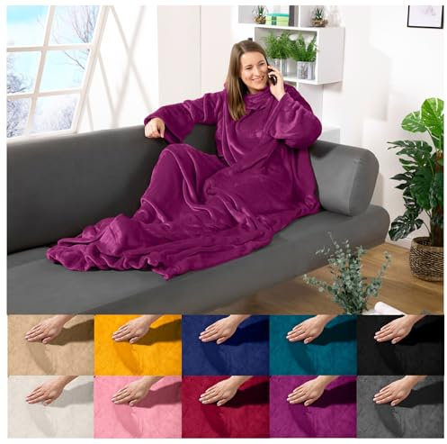 heimtexland ® Ärmeldecke TV Kuscheldecke mit Ärmeln Taschen Fußsack Super Soft Flanell tragbare Decke Ganzkörperdecke Typ870 Beere 180x150 cm