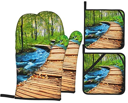 Oven Mitts And Pot Holders Sets,Heat Resistant Non-Slip Glove and Potholder 4 Pcs For Baking Bbq Wooden Bridge Stream Water