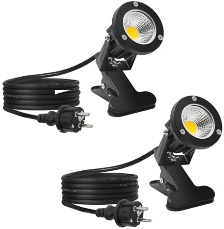 Monsing 7W LED Strahler mit Clip 2m Kabel mit Stecker Led Garten Beleuchtung Gartenleuchte Gartenstrahler Rasenstrahler IP65 Wasserdicht für Outdoor Hof Rasen (2, Warm White)