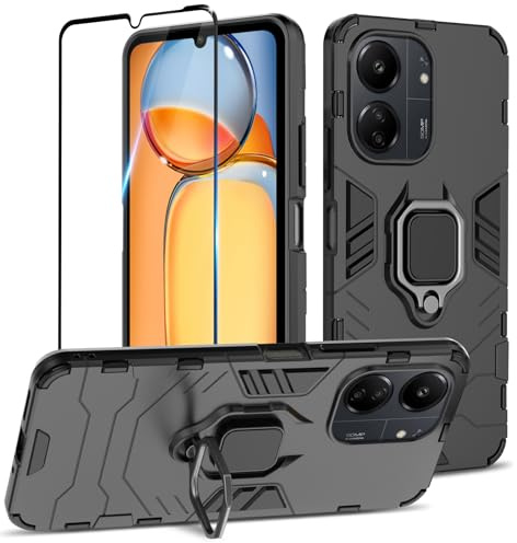 Btstring Funda para Xiaomi Redmi 13C / Xiaomi Poco C65 con Cristal Templado Protector Pantalla, Carcasa Antigolpes con Soporte anular metálico, Case Protectora de Grado Militar, Negro